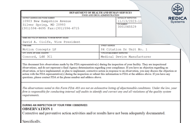 FDA 483 - Motion Concepts LP [Concord / Canada] - Download PDF - Redica Systems