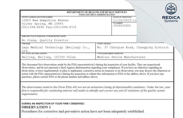 FDA 483 - Lepu Medical Technology (Beijing) Co., Ltd. [Chaotian / China] - Download PDF - Redica Systems