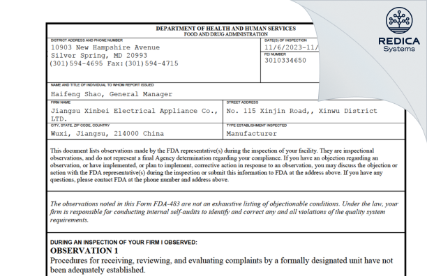 FDA 483 - Jiangsu Xinbei Electrical Appliance Co., LTD. [Xindu District / China] - Download PDF - Redica Systems