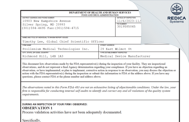 FDA 483 - Prollenium Medical Technologies Inc. [Richmond Hill / Canada] - Download PDF - Redica Systems