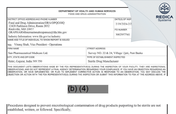 FDA 483 - Sun Pharmaceutical Medicare Limited [Halol / India] - Download PDF - Redica Systems