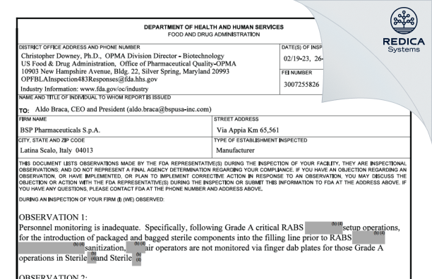 FDA 483 - BSP Pharmaceuticals SpA [Latina / Italy] - Download PDF - Redica Systems