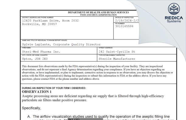 FDA 483 - Steri-Med Pharma Inc. [Upton / Canada] - Download PDF - Redica Systems