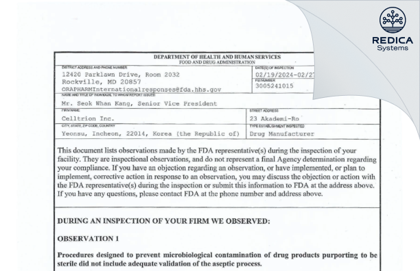 FDA 483 - CELLTRION Inc [Incheon / Korea (Republic of)] - Download PDF - Redica Systems