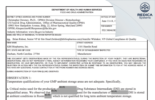 FDA 483 - KBI Biopharma, Inc. [Durham / United States of America] - Download PDF - Redica Systems