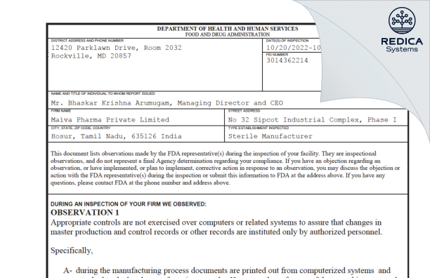 FDA 483 - Maiva Pharma Private Limited [Sriperumbudur / India] - Download PDF - Redica Systems