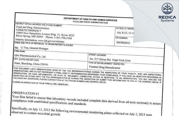 FDA 483 - Qilu Pharmaceutical Co., Ltd.(High Tech Zone Site) [Jinan / China] - Download PDF - Redica Systems