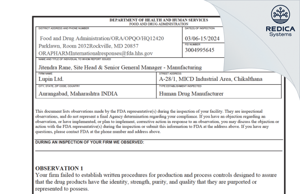 FDA 483 - LUPIN LIMITED [Aurangabad / India] - Download PDF - Redica Systems