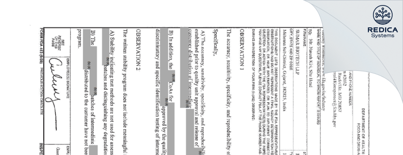 FDA 483 - SUMAR BIOTECH LLP [Mehsana Sub-District / India] - Download PDF - Redica Systems