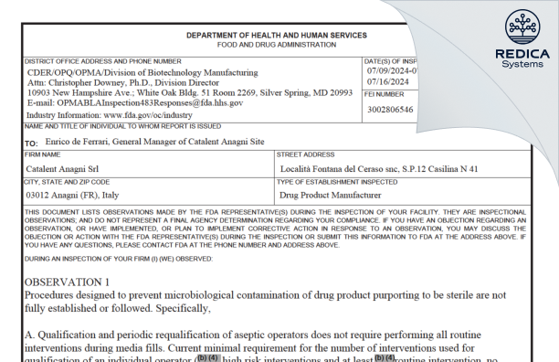 FDA 483 - Catalent Anagni S.R.L. [Anagni / Italy] - Download PDF - Redica Systems