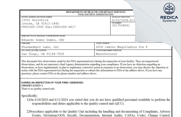 FDA 483 - Pharmadepot Labs, LLC [San Diego / United States of America] - Download PDF - Redica Systems