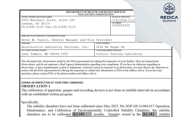 FDA 483 - Acceleration Laboratory Services Inc. [Lees Summit / United States of America] - Download PDF - Redica Systems