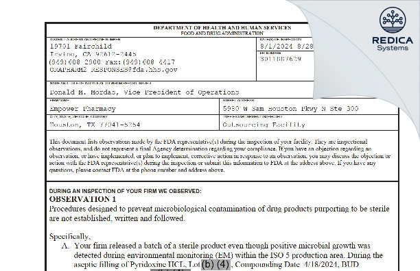 FDA 483 - Empower Clinic Services LLC dba Empower Pharmacy [Houston / United States of America] - Download PDF - Redica Systems