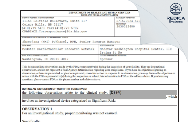 FDA 483 - Medstar Cardiovascular Research Network [Washington / United States of America] - Download PDF - Redica Systems