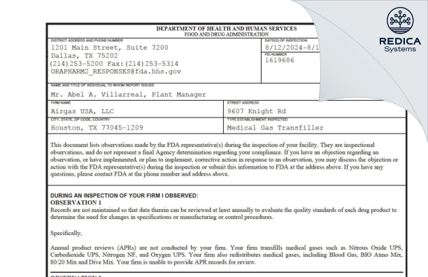 FDA 483 - AIRGAS USA, LLC [Houston / United States of America] - Download PDF - Redica Systems