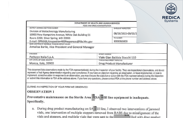 FDA 483 - Patheon Italia S.p.A [Monza / Italy] - Download PDF - Redica Systems