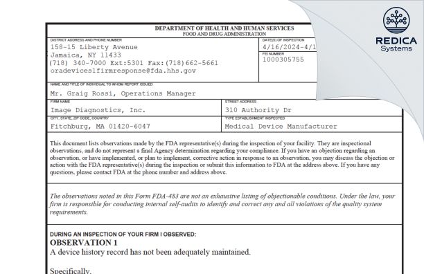 FDA 483 - Image Diagnostics, Inc. [Fitchburg / United States of America] - Download PDF - Redica Systems