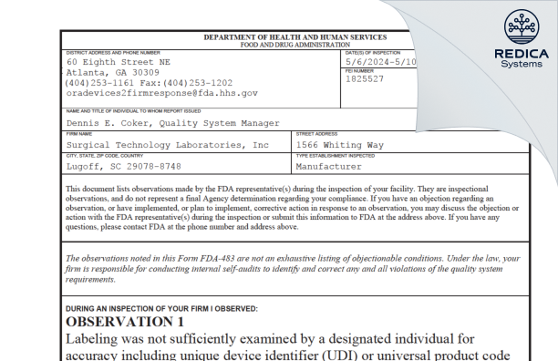 FDA 483 - Surgical Technology Laboratories, Inc [Lugoff / United States of America] - Download PDF - Redica Systems