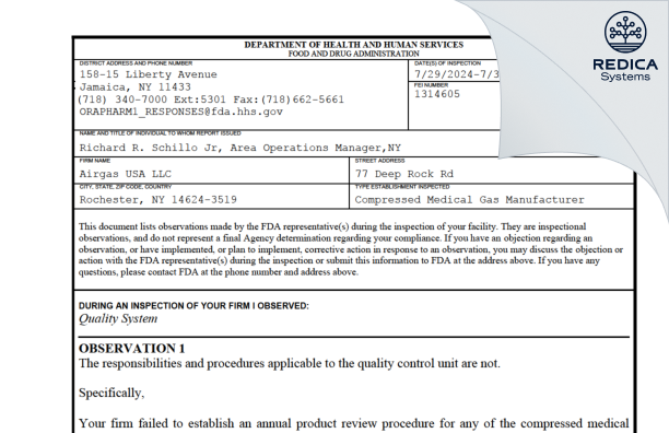 FDA 483 - AIRGAS USA, LLC [Rochester / United States of America] - Download PDF - Redica Systems