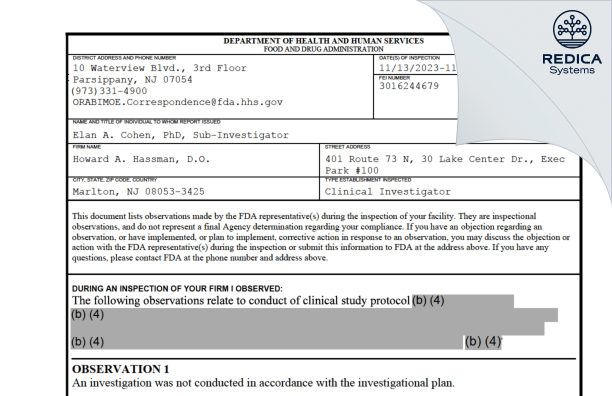 FDA 483 - Howard A. Hassman, D.O. [Marlton / United States of America] - Download PDF - Redica Systems