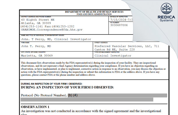 FDA 483 - John T. Perry, MD [Marietta / United States of America] - Download PDF - Redica Systems