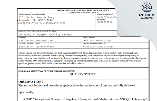 FDA 483 - Validation Systems, Inc. [Palo Alto / United States of America] - Download PDF - Redica Systems