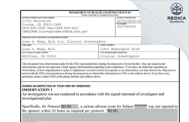 FDA 483 - Lisa S. Wang, M.D. [Whittier / United States of America] - Download PDF - Redica Systems