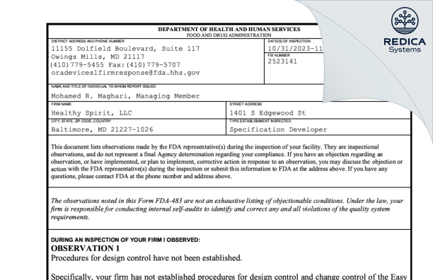 FDA 483 - Healthy Spirit, LLC [Halethorpe / United States of America] - Download PDF - Redica Systems