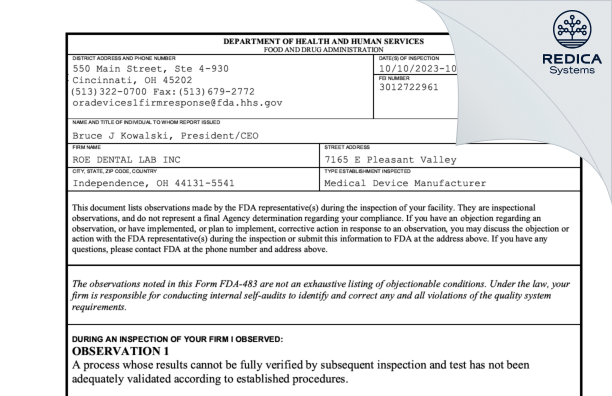 FDA 483 - ROE DENTAL LAB INC [Independence / United States of America] - Download PDF - Redica Systems