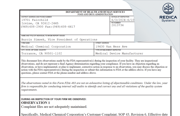 FDA 483 - Medical Chemical Corporation [Torrance / United States of America] - Download PDF - Redica Systems