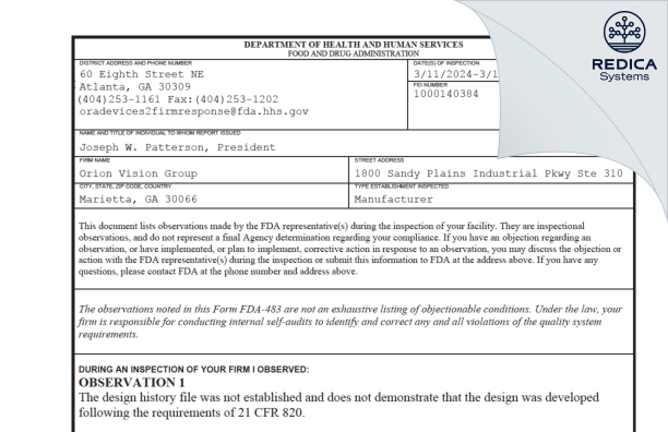 FDA 483 - Orion Vision Group [Marietta / United States of America] - Download PDF - Redica Systems