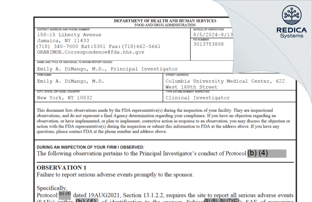 FDA 483 - Emily DiMango, M.D. [New York / United States of America] - Download PDF - Redica Systems