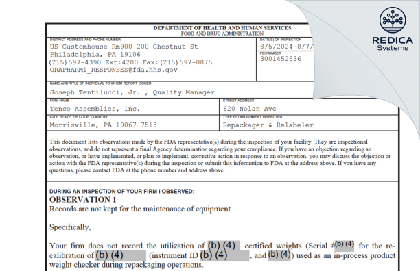 FDA 483 - Tenco Assemblies, Inc. [Morrisville / United States of America] - Download PDF - Redica Systems