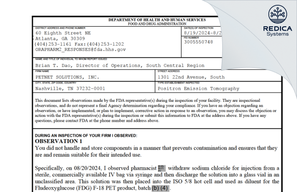 FDA 483 - PETNET SOLUTIONS, INC. [Nashville / United States of America] - Download PDF - Redica Systems