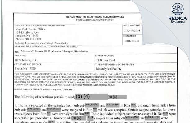 FDA 483 - Quintiles, Inc. [Ithaca / United States of America] - Download PDF - Redica Systems