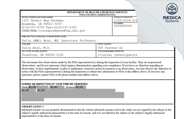 FDA 483 - Sally Arai, M.D. [Stanford / United States of America] - Download PDF - Redica Systems