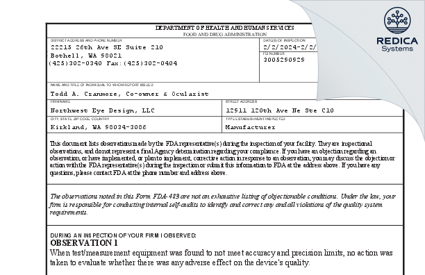 FDA 483 - Northwest Eye Design, LLC [Kirkland / United States of America] - Download PDF - Redica Systems