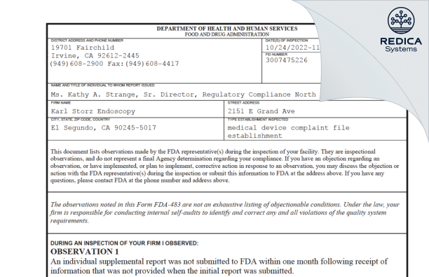 FDA 483 - Karl Storz Endoscopy [El Segundo / United States of America] - Download PDF - Redica Systems