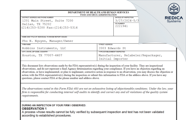 FDA 483 - Robbins Instruments, LLC [Houston / United States of America] - Download PDF - Redica Systems