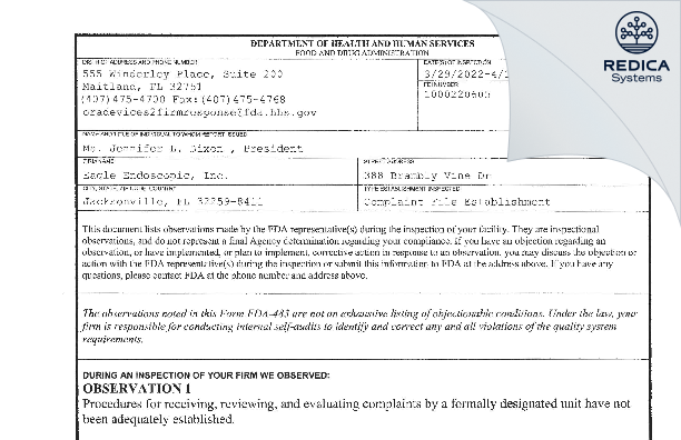 FDA 483 - Eagle Endoscopic, Inc. [Saint Johns / United States of America] - Download PDF - Redica Systems