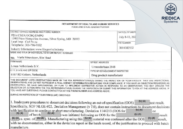 FDA 483 - Lonza Netherlands B.V. [Geleen / Netherlands] - Download PDF - Redica Systems