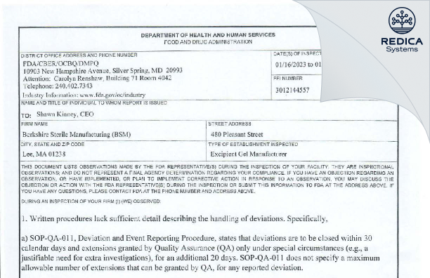 FDA 483 - Berkshire Sterile Manufacturing, Inc. [Lee / United States of America] - Download PDF - Redica Systems