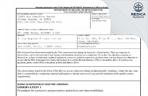 FDA 483 - Sirona Hygiene Private Limited [New Delhi / India] - Download PDF - Redica Systems