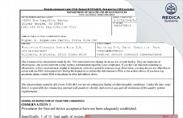 FDA 483 - Precision Concepts Costa Rica S.A. [Alajuela / Costa Rica] - Download PDF - Redica Systems