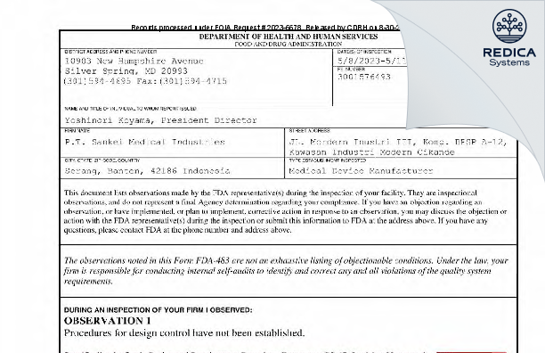 FDA 483 - P.T. Sankei Medical Industries [Banten / Indonesia] - Download PDF - Redica Systems