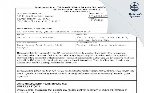 FDA 483 - OPULENT SOLUTIONS SDN BHD [Bayan Lepas / Malaysia] - Download PDF - Redica Systems