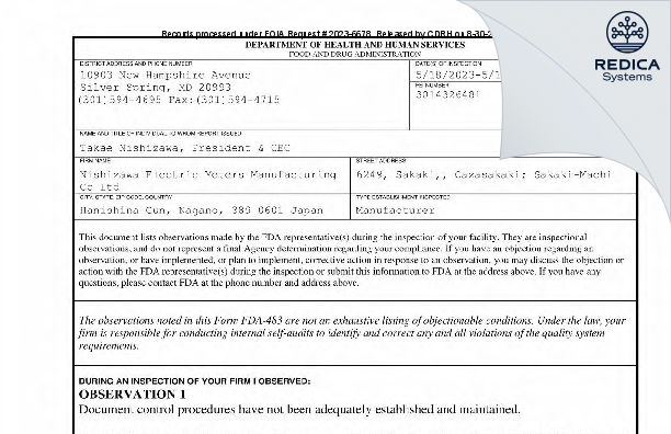 FDA 483 - Nishizawa Electric Meters Manufacturing Co Ltd [Sakaki / Japan] - Download PDF - Redica Systems