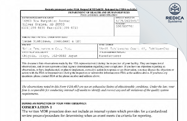 FDA 483 - Neitz Instruments Co., Ltd. [Ichibancho / Japan] - Download PDF - Redica Systems