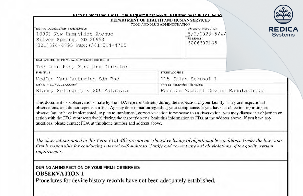 FDA 483 - MedDev Manufacturing Sdn Bhd [Klang / Malaysia] - Download PDF - Redica Systems