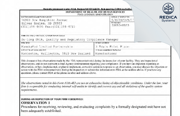 FDA 483 - ManukaMed Limited Partnership [Masterton / New Zealand] - Download PDF - Redica Systems